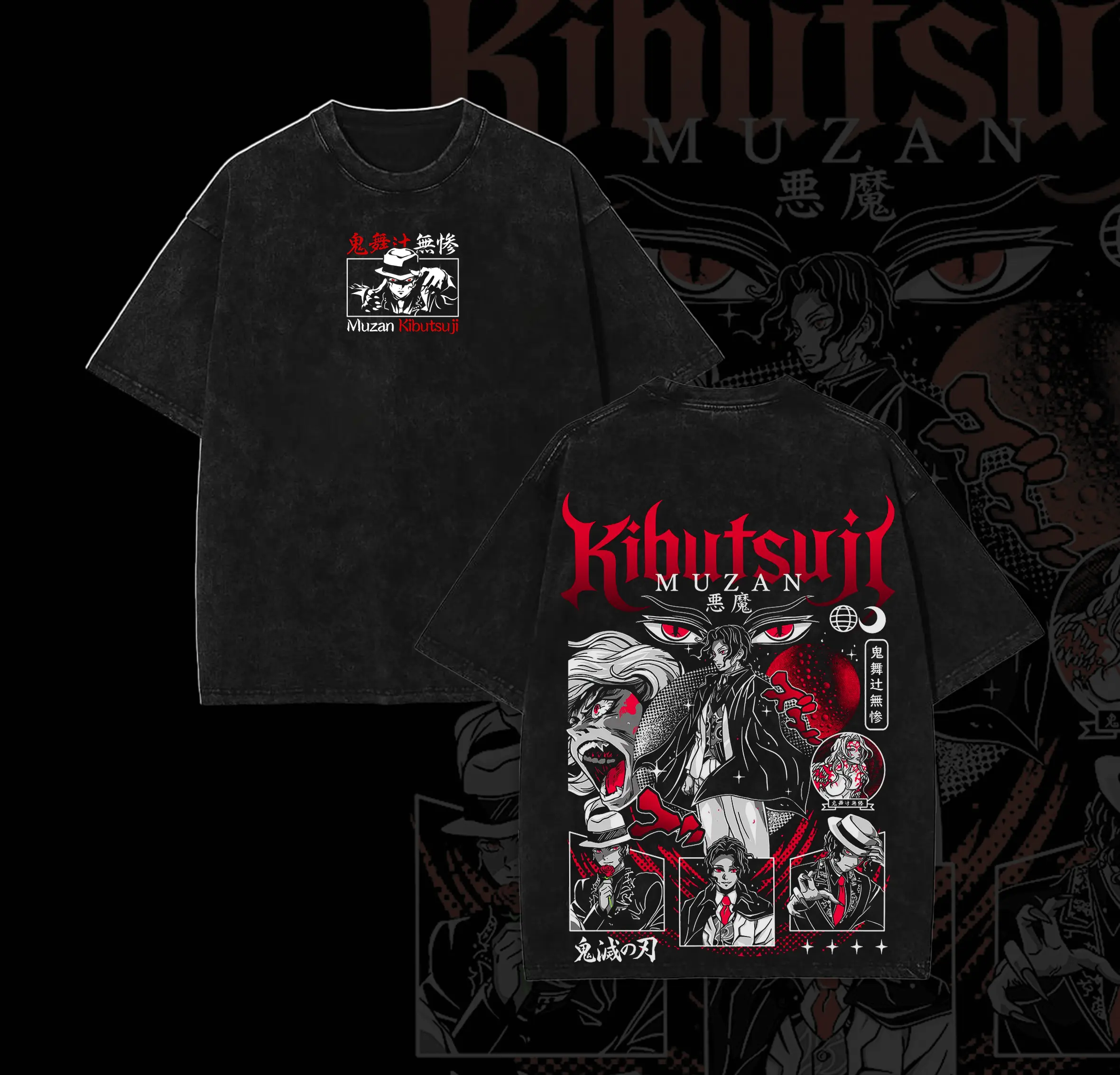 Muzan T-Shirt, Demon Slayer Tee,Crimson Demon Overlord Inspired, Gothic Villain Anime Theme, T Shirt Washed Tee, Unisex Anime Fan Style, Red Eye Manga Panels, Retro Shadow Streetcore, Oversized Dark Fashion