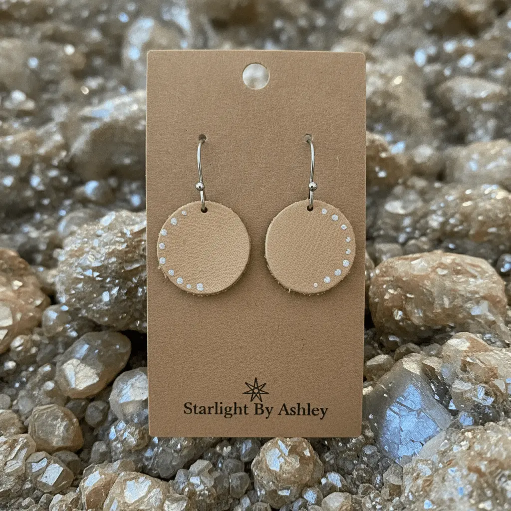 Female Handmade Leather Round Dangle Earrings - Geometric, Dot Accent, Daily Casual Costume Jewelry Accessories, Hypoallergenic