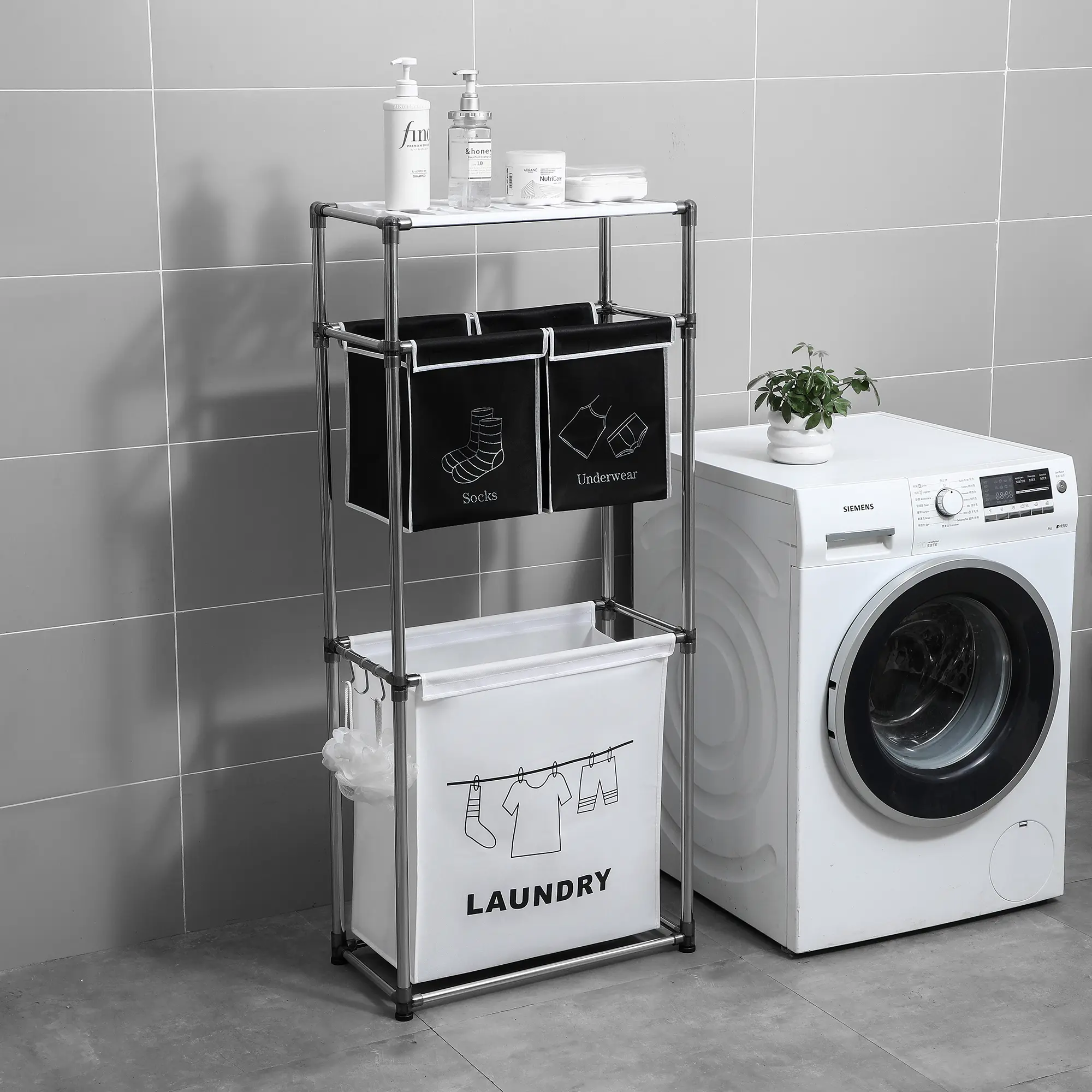 3-Tier Laundry Hamper for Families, MDF-Iron Waterproof Body, 4 Removable Oxford Bags, 4 Wheels, Side Hooks, Minimalist Storage Shelf, Self-Assembly for Light & Dark Clothes Sorting