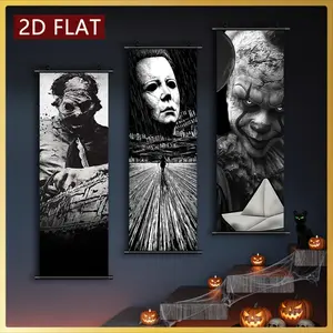 2D/FLAT-3pcs Halloween Horror Movie Characters Wall Art Decoration Plastic Scroll Painting with Print, HD High Quality Printing, Odorless Anti-fading Ink Artwork, Suitable for Home Living Room Halloween Party Decoration