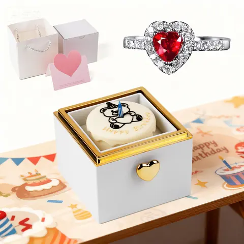 Elegant Metal Heart-Shaped Flip Top Jewellery Gift Set - 1 Cake-Themed Box with Rose, Ring, Necklace, Gift Bag, Greeting Card, Ideal for Best Friend Birthday, Black Friday Surprises