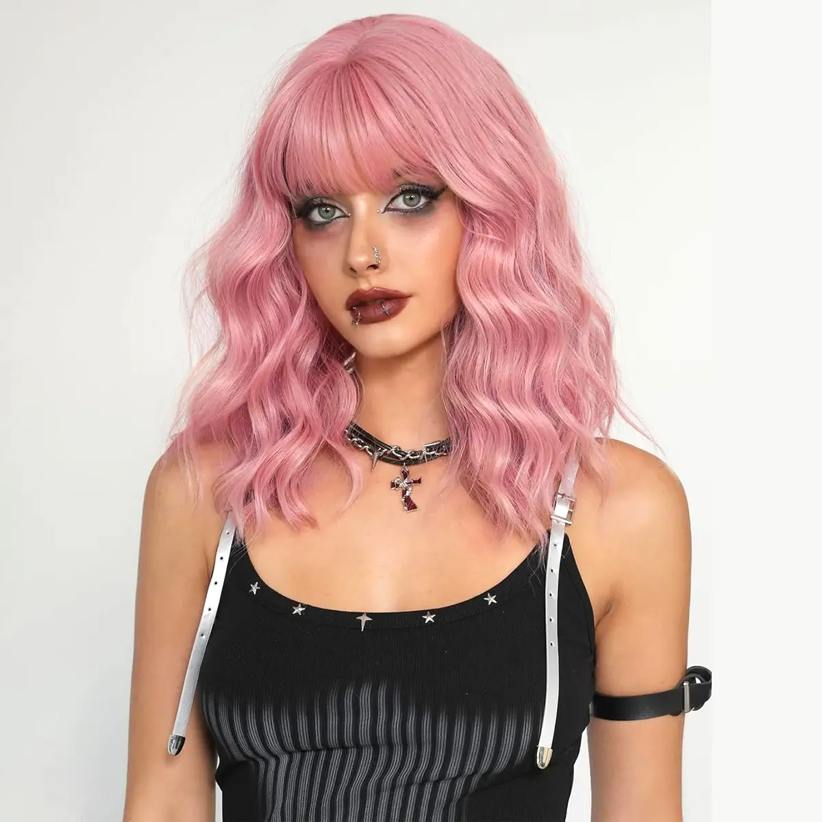 Women's Summervibes Pastel Loose Wavy Wave Bob Wig with Bangs, 12in 210g Natural Fluffy Synthetic Material Wigs, Shoulder-Length Breathable Rose Net Cap for Daily-Party Cosplay Costume (Orange)