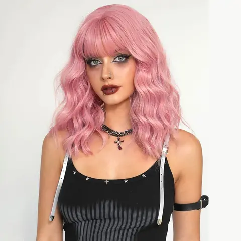 Women's 12in 210g Pastel Summervibes Loose Wavy Bob Wig with Bangs, Synthetic Natural Fluffy Shoulder-Length Wig, Breathable Rose Net Cap for Daily-Party Cosplay (Orange), Loose Wavy Wave