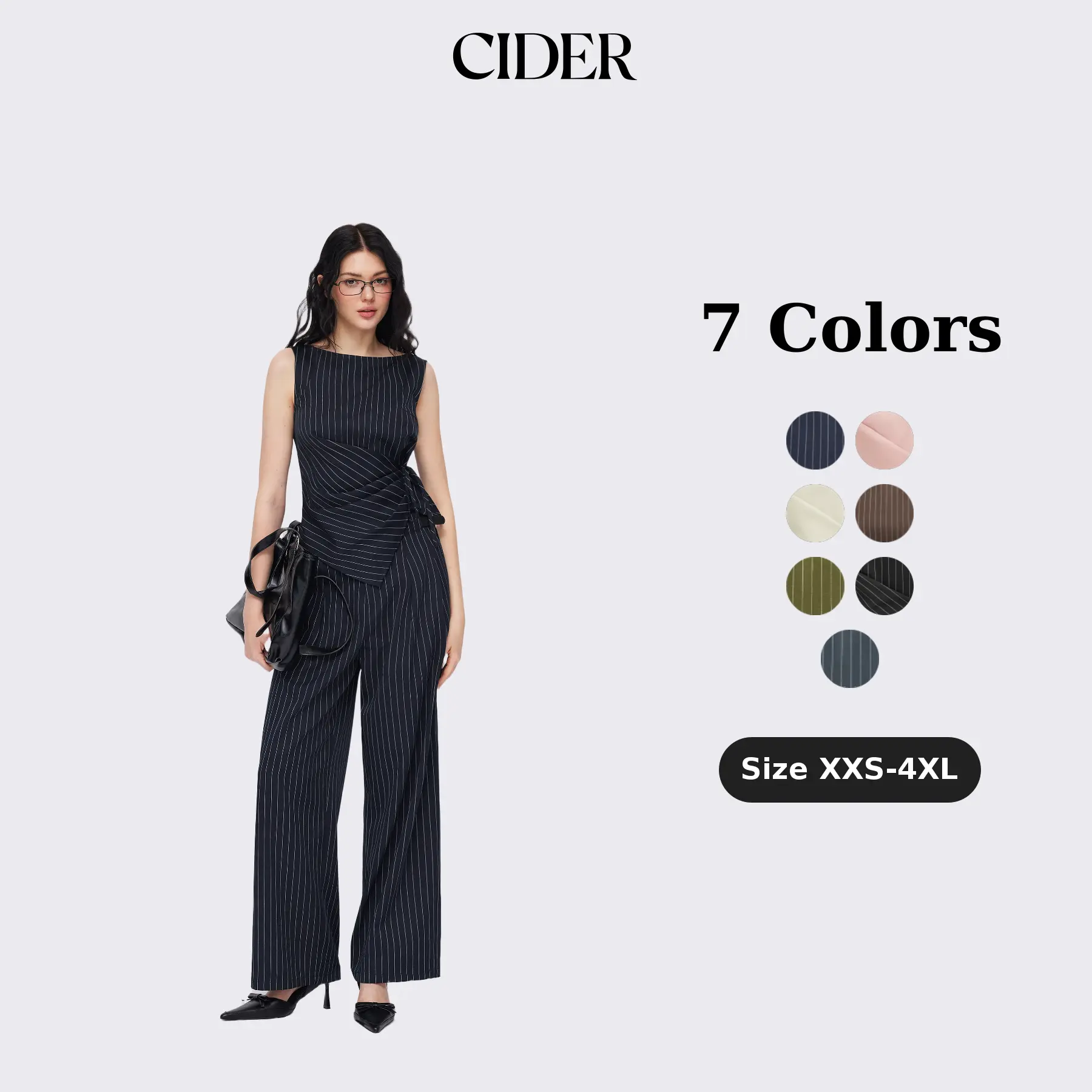Cider Boat Neck Striped Wrap Knotted Top & Mid Rise Straight Leg Trousers Set– Office & Weekend Casual