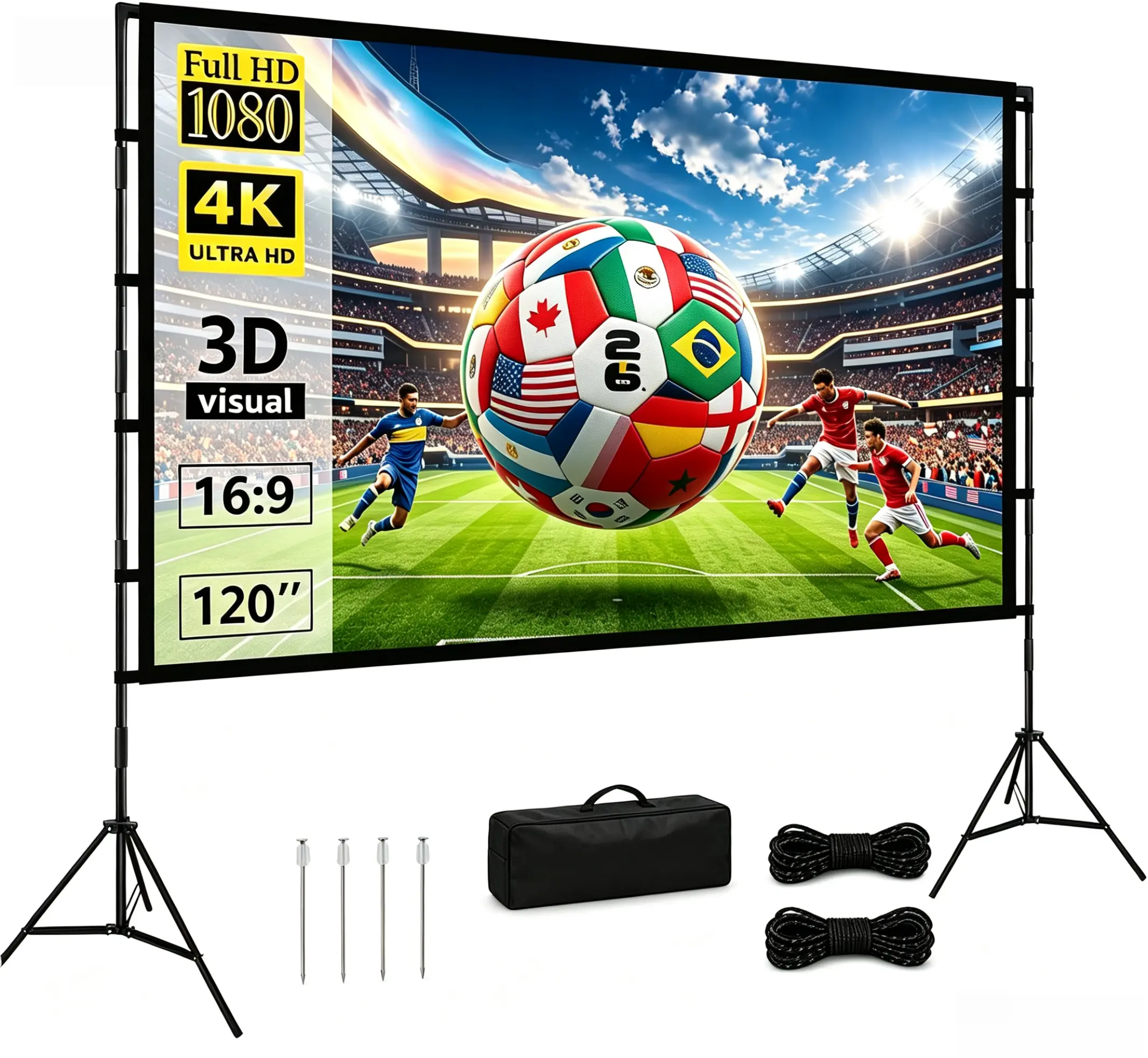 120 Inch Projector Screen with Stand, 16:9 4K HD Portable Projector Screen, Indoor Outdoor Front/Rear with Carry Bag for Home Theater Backyard Camping Movie Night