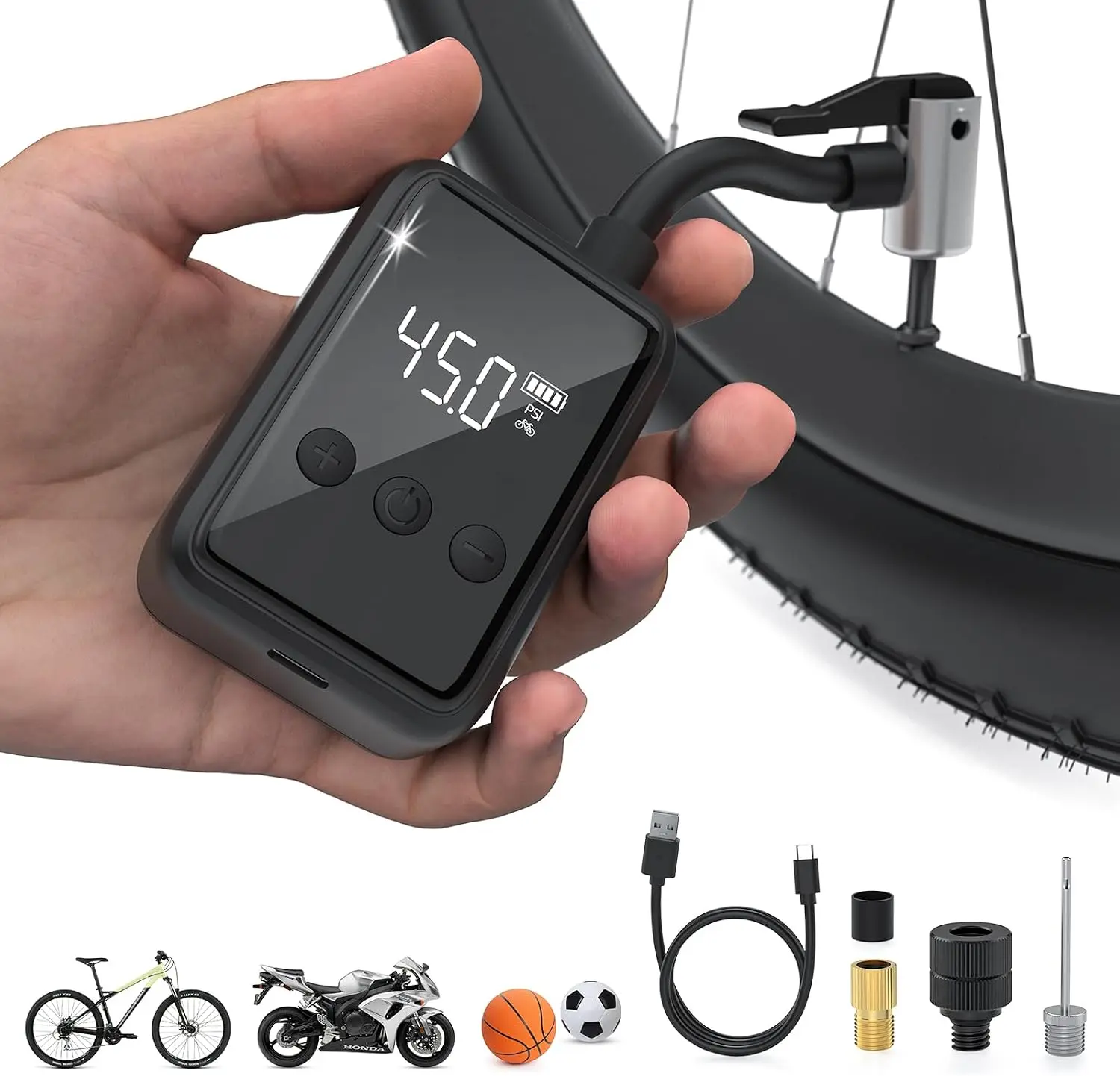 Bike Pump Portable Air Compressor, 130 PSI Mini Bike Tire Pump with Gauge, Bicycle Inflator Pump Fits Presta & Schrader Valve, Electric Pump Auto Shut-Off, Small Air Pump Ball Motorcycle