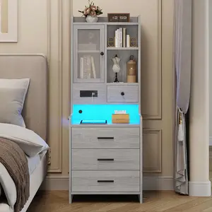 Sikaic LED Tall Nightstand with Glass Door Storage Grey Side Table Dresser Bedside Cabinet Modern Engineered Wood RGB Lights USB Charging Station