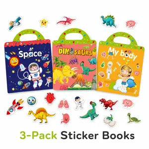 SummerVibes Reusable Waterproof PVC Sticker Books for Kids 3-6, Classic Themes (Farm Animals, Vehicles, Dinosaurs, Space, Body), Portable Screen-Free Learning Through Play Activity Toy for Outdoor Use