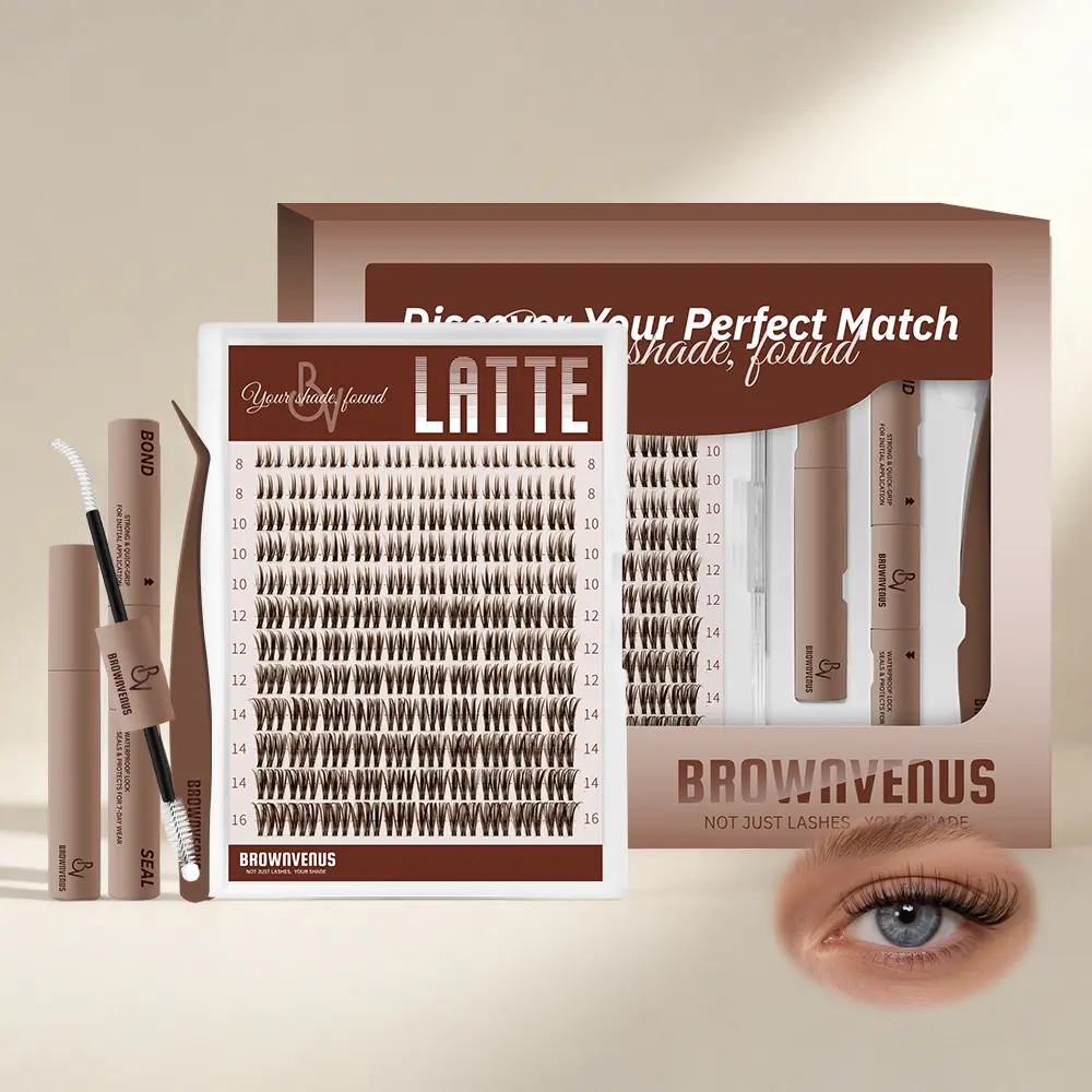 BrownVenus LATTE Warm Brown Wispy Cluster Lashes Invisible Clear Band Manga Spiky Doll Eye Individual Lashes Beginner Friendly Natural Soft Latte Brown Fake Eyelashes Fit All Eye Shapes Clean Girl Daily Summer Makeup