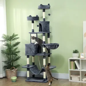 Gray Cat Tree 81" with Natural Sisal Scratching Posts and Board, 2 Cozy Condos, 2 Soft Beds, 2 Hammocks, 2 Toy Balls and Rope Toy, for 1-3 Small Cats Under 12 lbs, 23.6"L x 19.7"W x 81.1"H