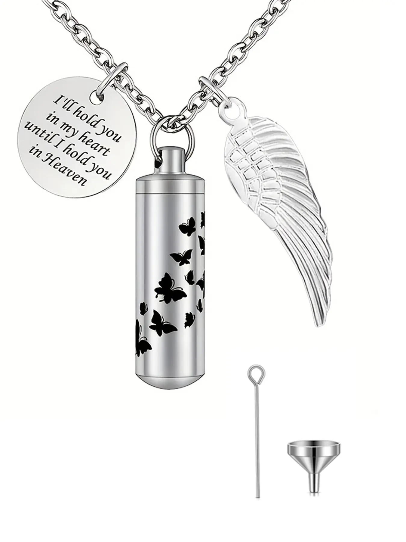 Cylinder Urn Necklace for Ashes Butterfly Cremation Jewelry for Ashes Memorial Keepsake Pendant with Angel Wing Round Tag Stainless Steel Remembrance Jewelry Gift Necklace Angel Wings Necklace