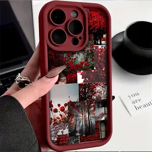 Red Tone Small Flower Branch TPU Case for iPhone 17 Pro Max 16 16e 15 14 Plus 13 12 Mini 11 Air X XS XR Straight Edge Drop-Resistant Rugged Durable Cover Shell Gift 2D printing