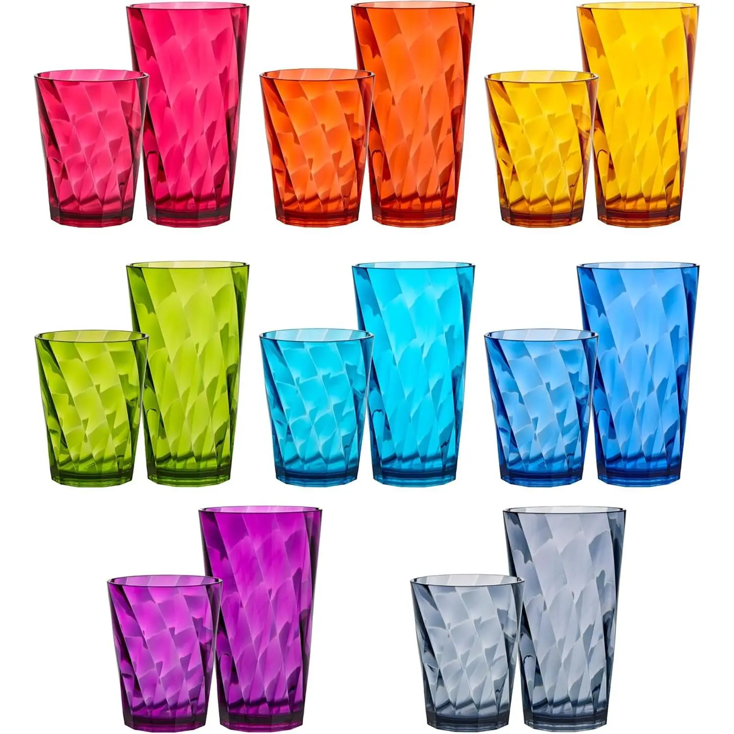 16-Piece Stylish Thick Acrylic Reusable Shatterproof Drinking Glasses Set - 14oz Rocks Cups, 20oz Water Tumblers, Jewel Tone Colors, Top Rack Safe, Patio-First Apartment Ready, Dishwasher Safe, Non-Alcoholic Cocktail Glasses, Rv