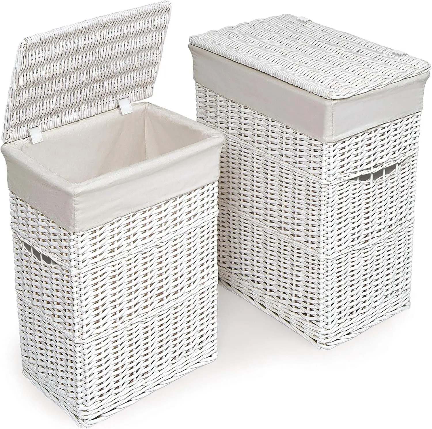 Badger Basket Wicker Nursery Laundry Hampers Set of 2 with Lids and Washable Liners – Large Durable Storage Baskets for Clothes, Toys, and Baby Room Organization, White