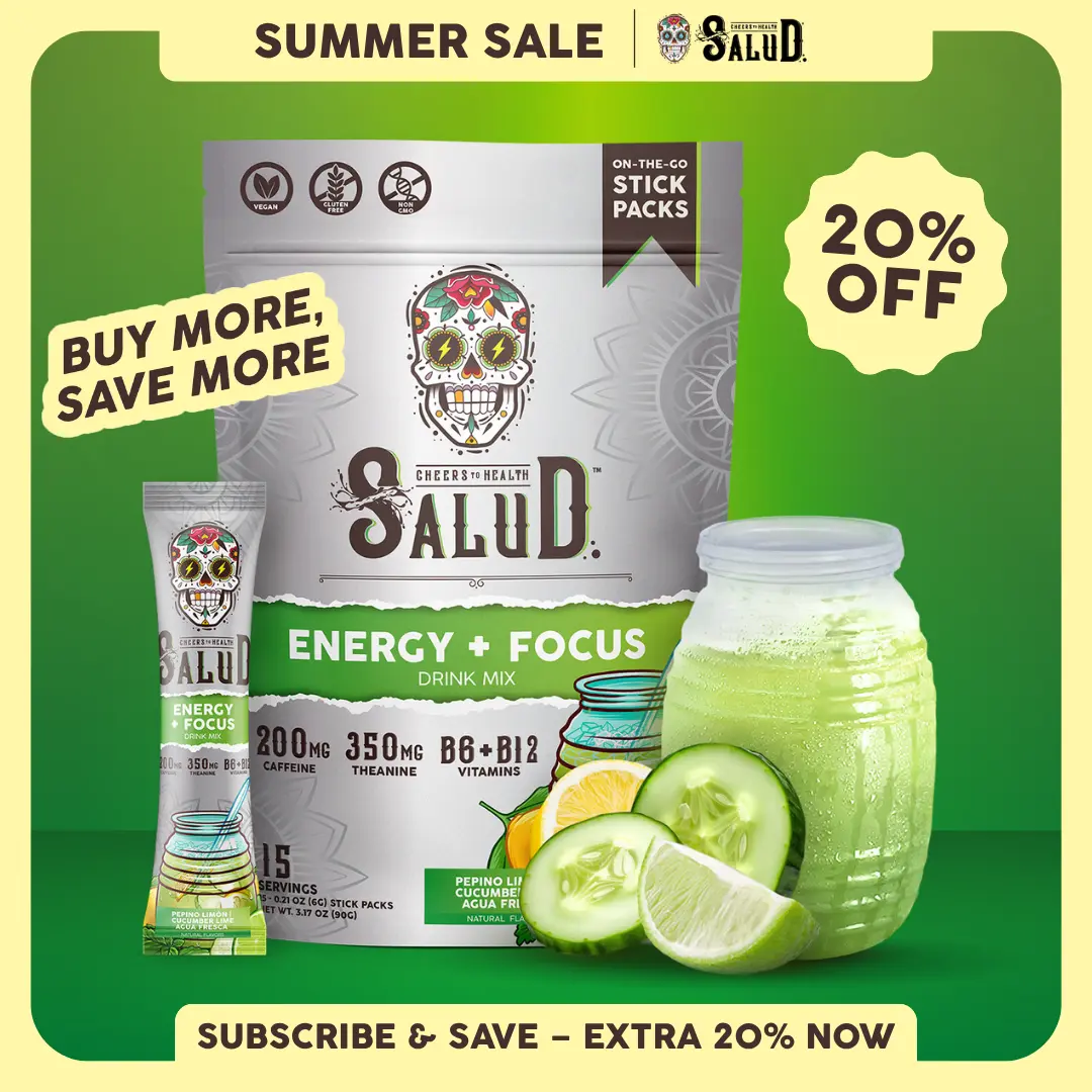 Salud 2-in-1 [Energy + Focus] Clean Energy Drink Mix, Agua Fresca,  Organic Caffeine, B6 & B12, L-Theanine, Drink Packets, Non-GMO, Gluten Free, Vegan, Low Calorie, 1g Sugar (15 Servings)