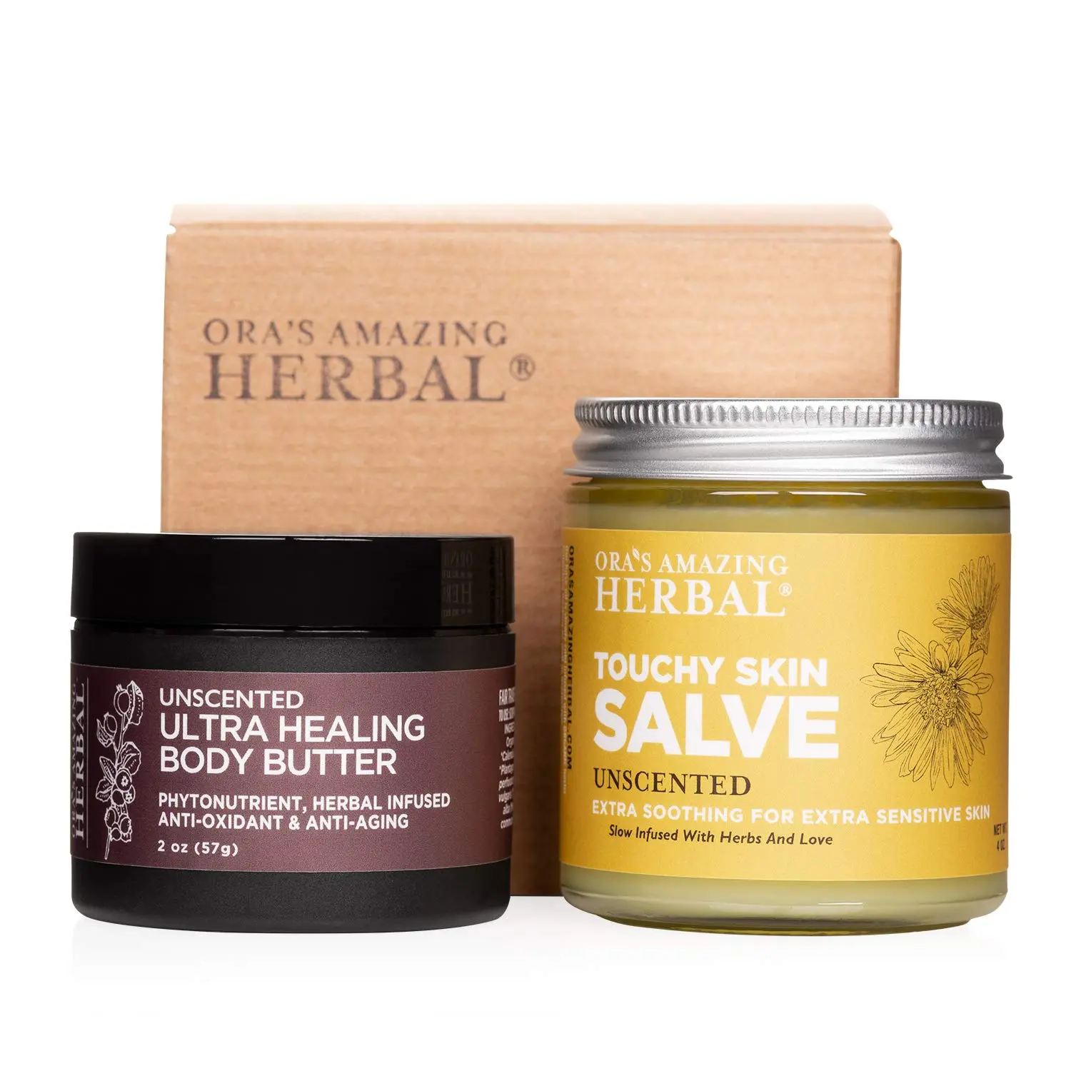 Touchy Skin Salve & Unscented Body Butter Set for Dry Skin, Eczema Cream Treatment, Organic Calendula for Skin, Herbal Salves, Unscented Skincare, 2oz Butter & 4oz Salve