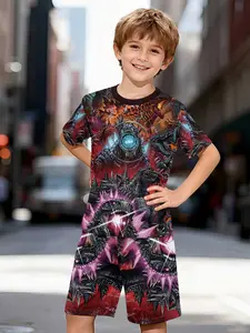 Red and Purple Monster Gathering Kids Two-Piece Set, Short Sleeve and Shorts Outfit, 100% Polyester Casual Loose Fit Set, Summer Fun Printed Pattern, Outdoor Sports T-Shirt Set, Perfect Gift for Boys, Suits, Sports Clothing Set