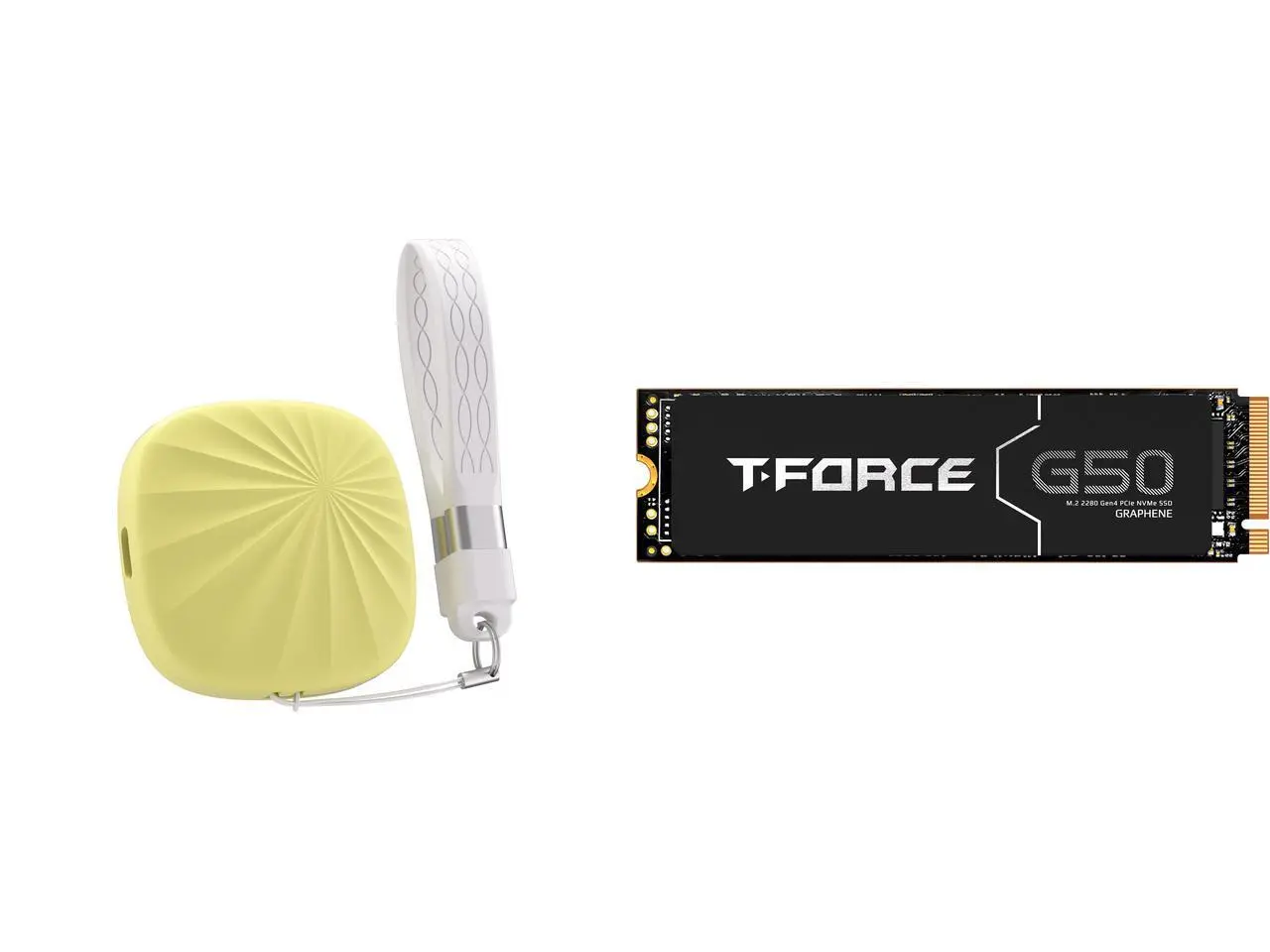 Nusyn 1TB NSP30 Portable SSD, 1050MB/s, USB 3.2 Gen2, USB-C, Plug & Play, Windows/macOS/Linux/Android/iOS - Yellow. Team Group T-FORCE G50 M.2 2280 512GB PCIe 4.0 x4 NVMe 1.4 TLC Internal SSD