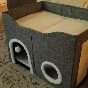 Foldable Cat House for Indoor Cats, 2-Story Cat Cube Condo with Built-in Sisal Scratching Pad & Hanging Toy Ball, Sturdy Cat Bed Hideaway Apartment Box for Large Cats up to 30 Lbs round window lovers decor reversible cushion