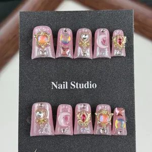 10pcs high-end Pink girl style, hand-painted three-dimensional water ice moon, flashing cat eyes, with tiny diamonds handmade fake nails, Nail stickers suitable for sister gatherings, date nights, Valentine's Day and Thanksgiving events