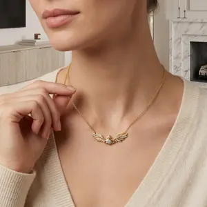 Long Winged Saturn Angel Wing Necklace - Gold-Plated Cubic Zirconia, Adjustable Pendants Necklace, Hypoallergenic Evening Wear Accessory, Angel Wing Necklaces, Adjustable Pendants Necklaces