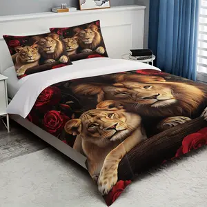 3pcs Lion Couple Rose Print Quilt Set, Soft Polyester Fabric, Zipper Design, Modern Bedding Essentials, Must-Have Home Decor