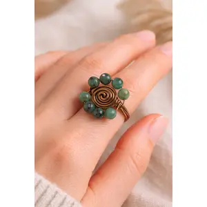 Handmade Copper Wire Wrapped Ring with Green Stone – Boho Adjustable Minimalist Jewelry Gift for Her