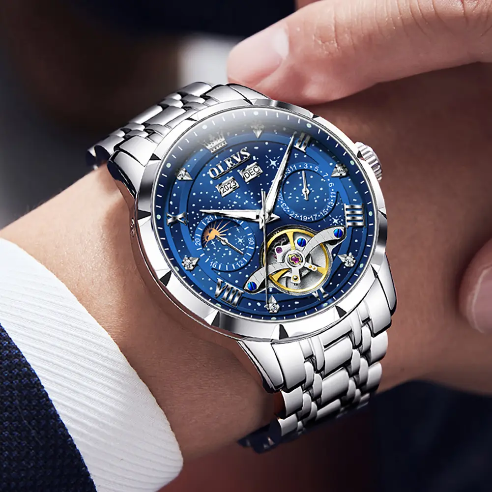 Elegant Mechanical Diamond Skeleton Automatic Men's Watch Self Winding Luxury Wristwatch Luminous 30M Waterproof Business Dress Watch