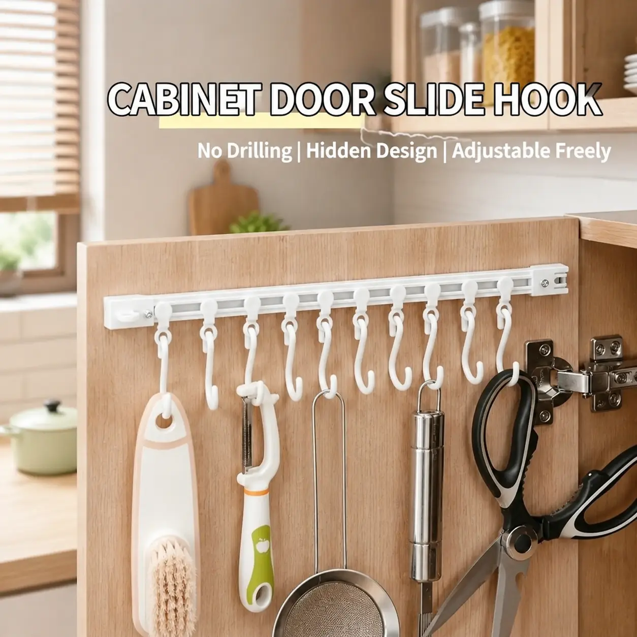 10-Hook Adjustable Multifunctional Slide Rail Adhesive Wall Organiser - Kitchen Utensil Holder, Cupboard Hanging Storage Rack for Bathroom, Bedroom