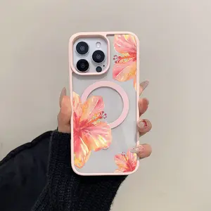 Premium Magnetic Watercolor hibiscus flowers white background Element design Pink Magnetic Phone Case for iPhone 1716/ 15/ 14/ 13/ 12/ 11/ - Slim TPU Protective Cover, Anti-Slip & Scratch Resistant |   Perfect Birthday Present for Her  Protection Shockpro
