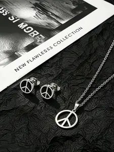 Men's Creative World Peace Pendant Necklace Earrings Set, Rock Style Chain Necklace, Trendy Hip Hop Sweater Chain, 2 Piece Set