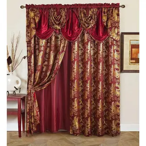 Jacquard Luxury Window 2 Panel Set Burgundy  Curtain with Attached Valance and Backing Bedroom Living Room Dining 2 Curtains 55x84 inches Each Jana
