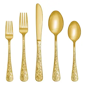 Vintage Carved Gold Stainless Steel 20 Pieces Flatware Set, Golden Silverware Set, Modern Embossed Cutlery Set Utensils Including Fork Spoon and Knife Tableware Curve