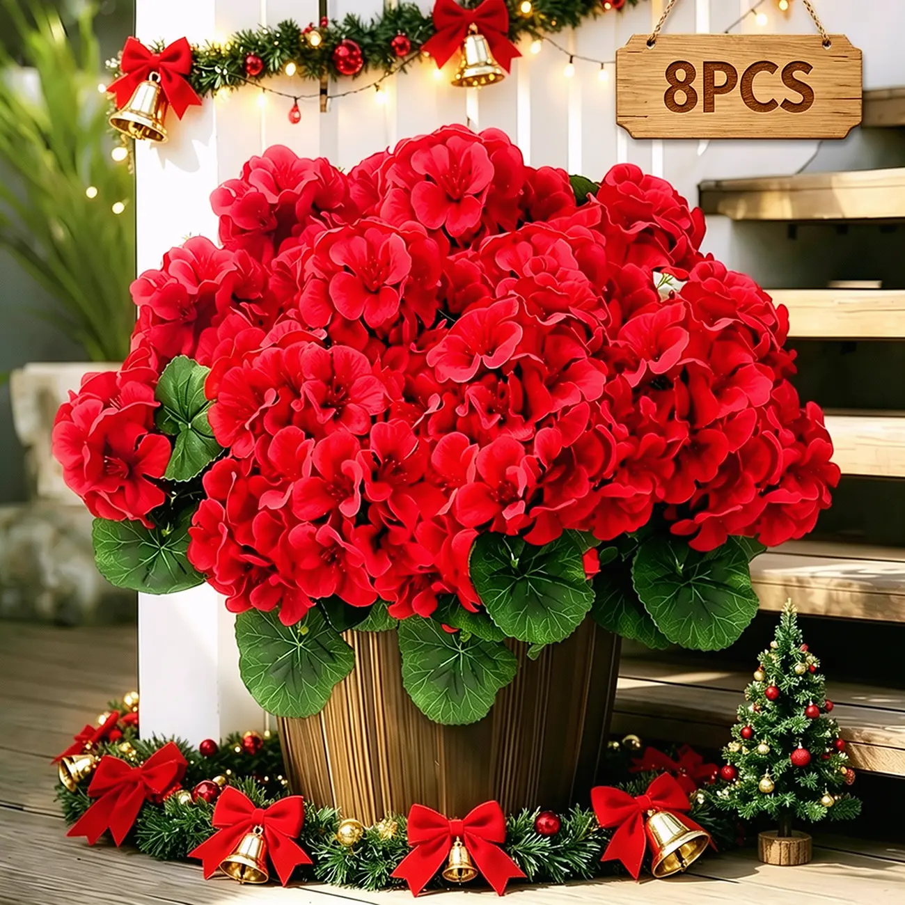 8 Pcs Artificial Geranium Flowers for Outdoors Geranium Silk Red Flower Outdoor UV Resistant Garden Plants Faux Flowers for Christmas Home Kitchen Table Centerpieces Decor (8, Red)