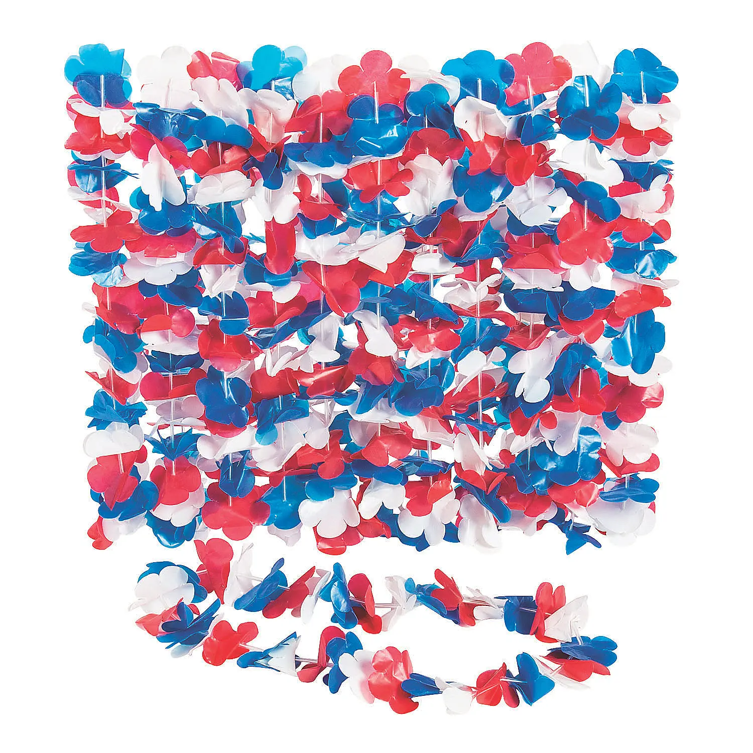 Multicolor Tri-Colored US Pride Plastic Flower Leis - 34in Bulk 50-Pc Pack, Reusable, Unisex, Festive Party & Home Supplies Decorations, Us Pride / Nation Pride