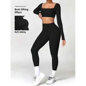 Women's Workout Two Piece Set - Long Sleeve Crop Top and Yoga Pants, Solid Color,High Stretch, Nylon & Elastane Material, Sporty Fit Training Clothes Casual Gym Wear Fitness Suit Athletic Activewear Tracksuits