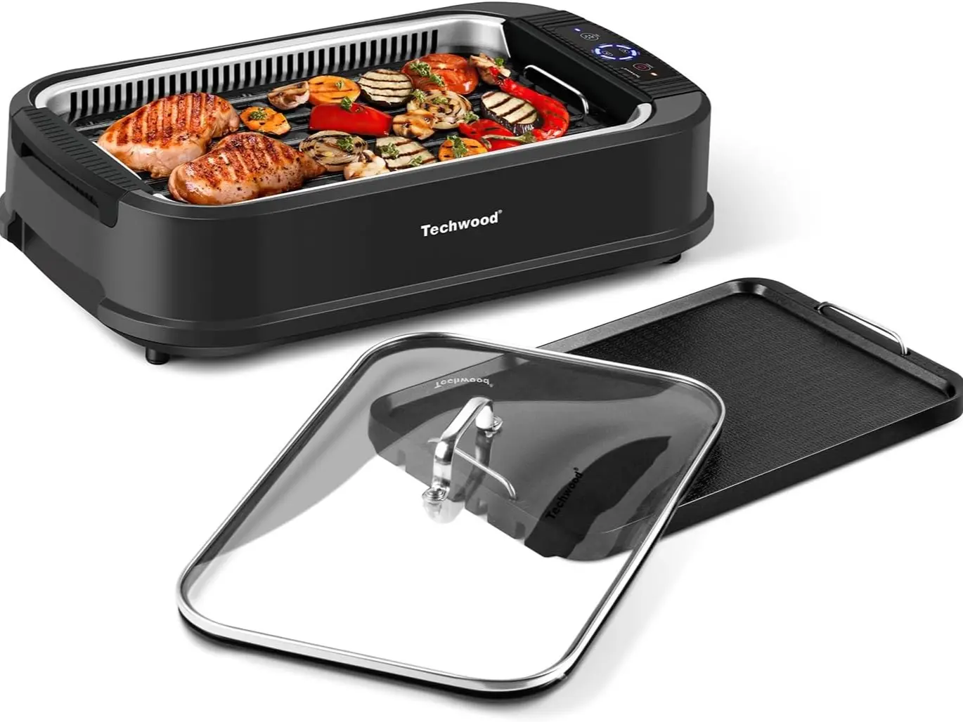 Techwood Indoor Grill Smokeless Grill, Electric Korean BBQ Grill with Glass Lid, Turbo Smoke Extractor Technology, Dishwasher-Safe Drip Tray & Nonstick Grilling Removable Plate, Black, 1500W