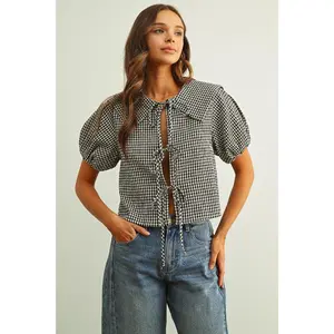Gingham Tie Front Blouse