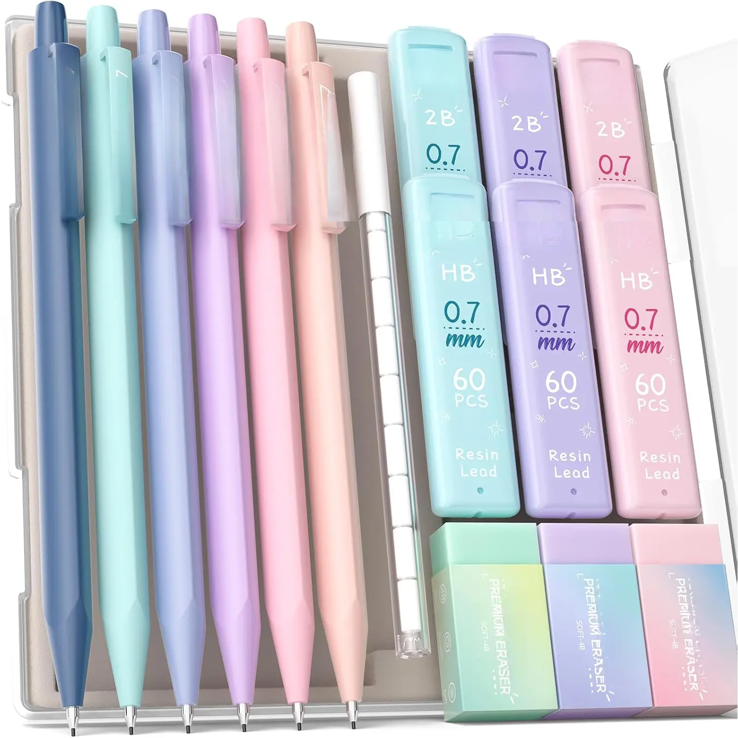 0.7 mm Mechanical Pencils Set (16-Count with Case) – 360 HB & 2B Lead Refills, 4B Soft Pastel Erasers, 9 Eraser Refills, Cute Aesthetic Office Stationery for Writing, Drawing, 6 Tubes, 360 Leads