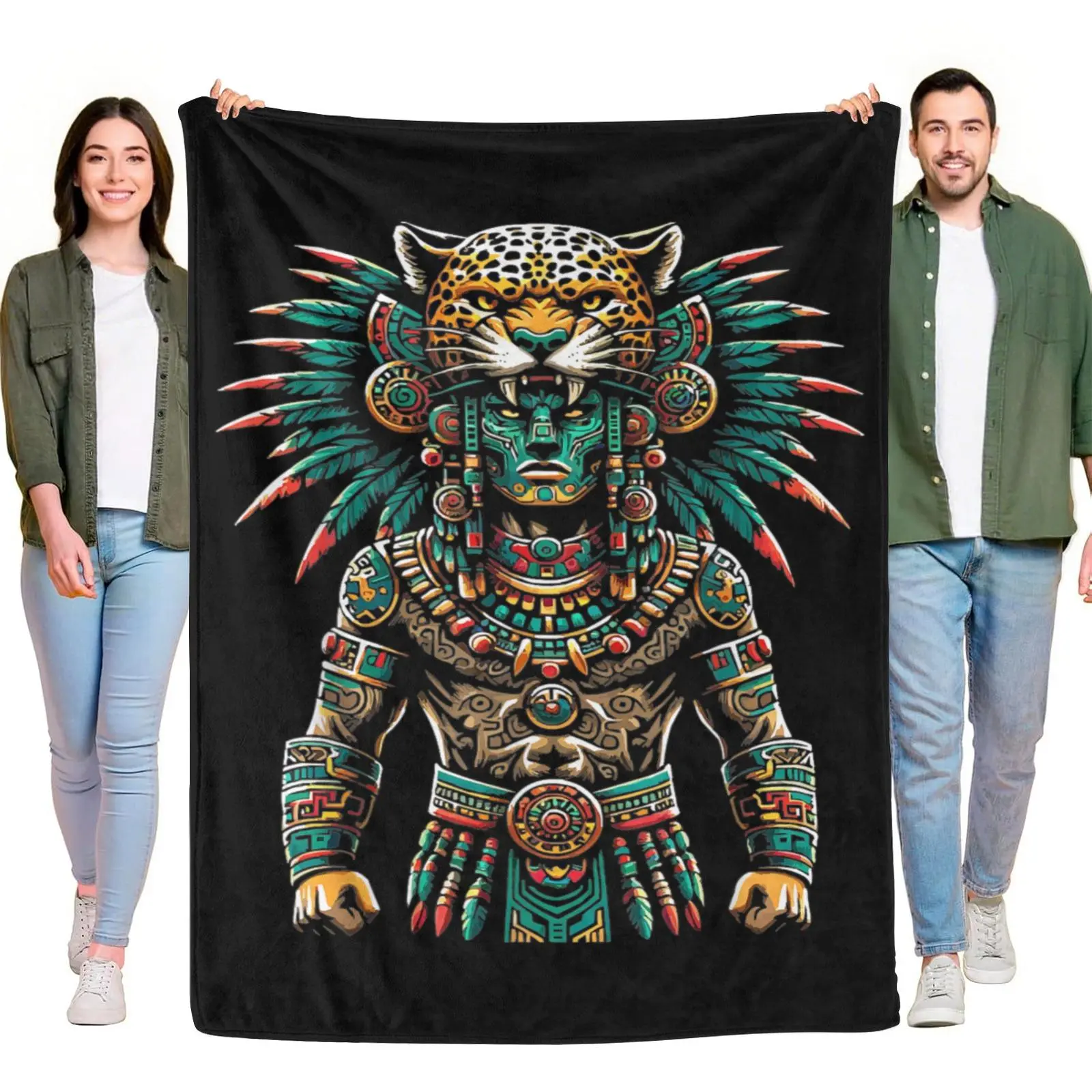 Ancient Mayan Jaguar Warrior Colorful Tribal Feather Traditional Culture Rectangular Multi-Size Plush Throw Blanket - Aztec Indigenous Art Retro Home Decor, Machine Washable Bedroom Tapestry, Bedroom Decor