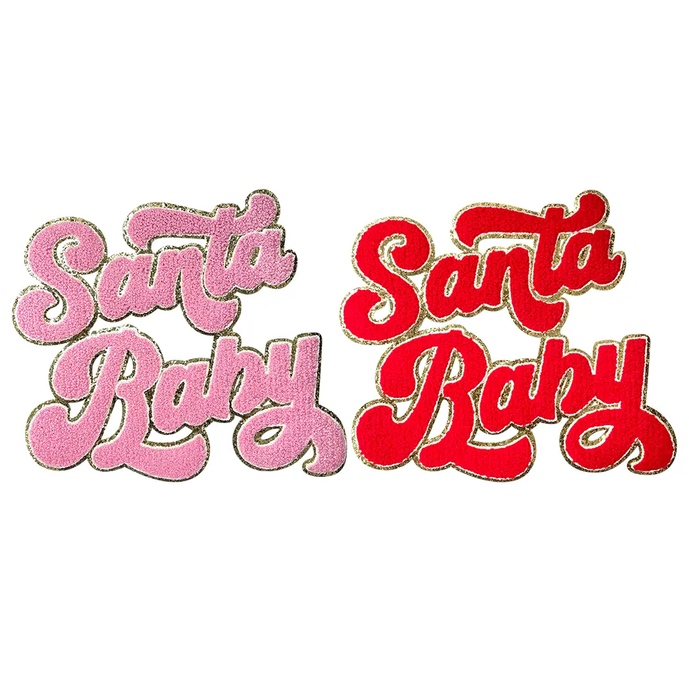 Chenille Iron-On Patches, Christmas Santa Baby Embroidered Appliques with Golden Glitter Edge, 9.25*10.6 Inch Bold and Stylish Durable Fashionable Festive Charm DIY Sewing Accessories for Clothing, Backpacks