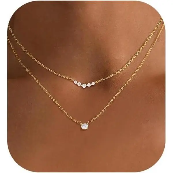 Layered Necklaces for Women,Dainty 14k Gold Plated Choker Necklace Stack Trendy Simple Diamond Pendant Necklace Set for Women Non Tarnish Cute Layering Cubic Zirconia Necklace Fashion Waterproof Jewelry for WomenValentine's Day gifts