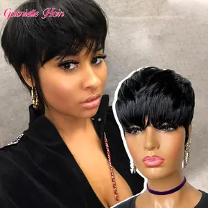 Gabrielle Hair Short Pixie Cut Wigs Short Straight Brazilian Human Hair Wigs With Bangs Ready To Go Natural Black Color Full Machine Made Wig#SummerVibes