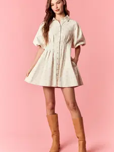 Mineral Washed Floral Printed Twill Denim Tuck Pleated Bubble Sleeve Shirt Mini Dress