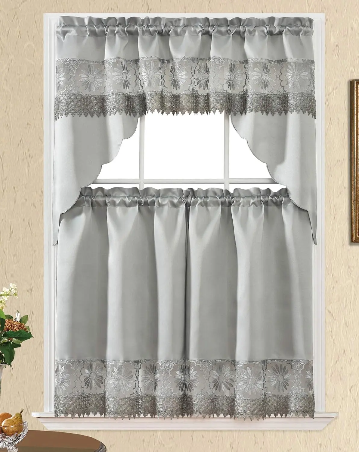 Daisy Dream. Kitchen Cafe Curtain Set for Small Windows. Satin Fabric with Matching Color Daisy Embroidery and Lace. (Grey, Swag and 36 inches Tiers Set)
