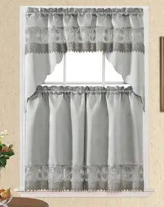 Daisy Dream. Kitchen Cafe Curtain Set for Small Windows. Satin Fabric with Matching Color Daisy Embroidery and Lace. (Grey, Swag and 36 inches Tiers Set)