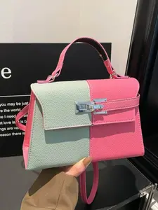 Colorblock Square Messenger Bag, Hand Shoulder Bag, Twist Lock Flap Design, Adjustable Shoulder Strap, Perfect for Daily Use, All Seasons, PU Material