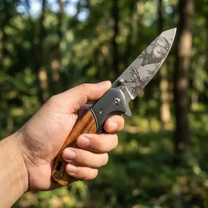 Remium Wood Handle Folding Pocket Outdoor Folding Knife with Deer Engraving - Stainless Steel Blade for Camping, Hiking & Outdoor BBQ - Unique Gift for Men, Portable for Hiking,Camping,Fishing