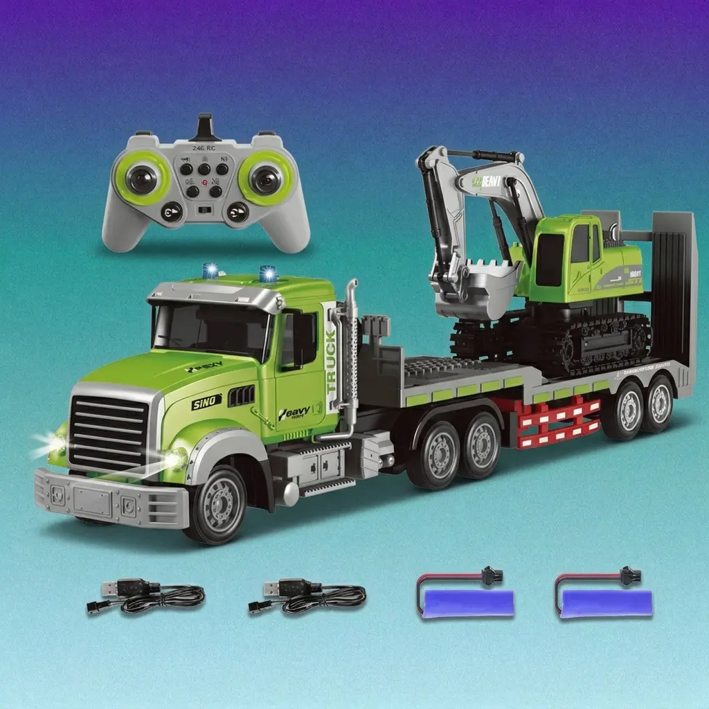 RC Controlled Semi Truck & Excavator Toy Set, 1:12 Removable Rechargeable 2.4GHz Remote Control Flatbed Trailer Truck with Lights & Sound, Construction Vehicle Gift for Kids, Parent-Child Interaction, Kid Car