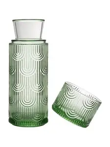 Mouthwash Dispenser, Bedside Water Carafe with Cup And Glass Set, Mouth Wash Dispensers for Bathroom, 21.6 Oz Glass Mouthwash Container with 6 Oz Drinking Cup As Lid (Green)